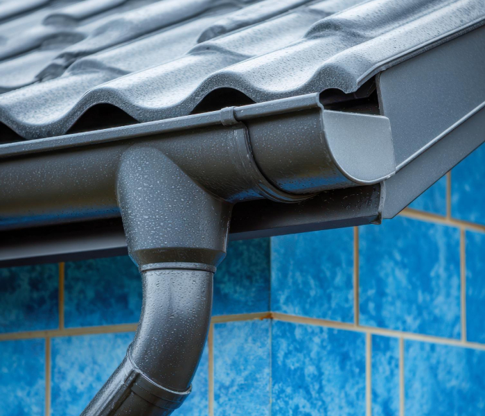 Gouttière avec descente d’eaux pluviales fixée sous une toiture, pour une évacuation efficace et une zinguerie durable