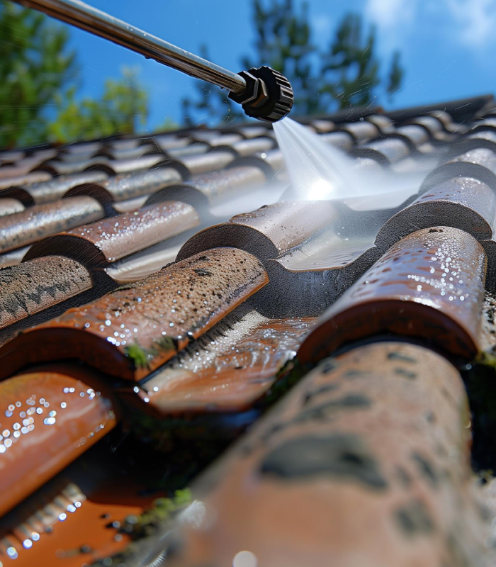 Nettoyage et démoussage d’une toiture en tuiles au jet, pour éliminer les salissures et préparer un traitement hydrofuge