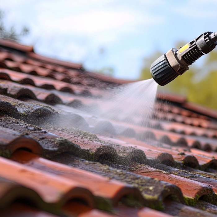 Nettoyage et démoussage d’une toiture en tuiles au jet, pour retirer les mousses et préparer un traitement hydrofuge